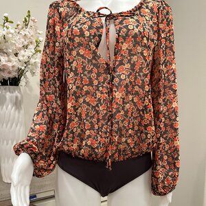 Free People Semi‎ Sheer Floral Print Long Sleeve Tie Neckline Bodysuit
